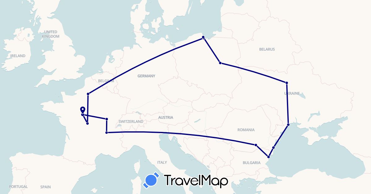 TravelMap itinerary: driving in Bulgaria, France, Poland, Romania, Ukraine (Europe)
